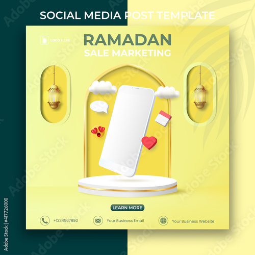 ramadan sale marketing banner. Editable social media post template. 3d ramadan kareem with podium.