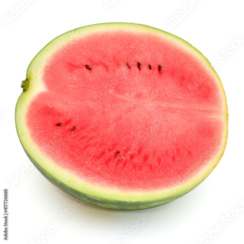Watermelon half isolated on a white background. Creative summer concept. Top view, flat lay