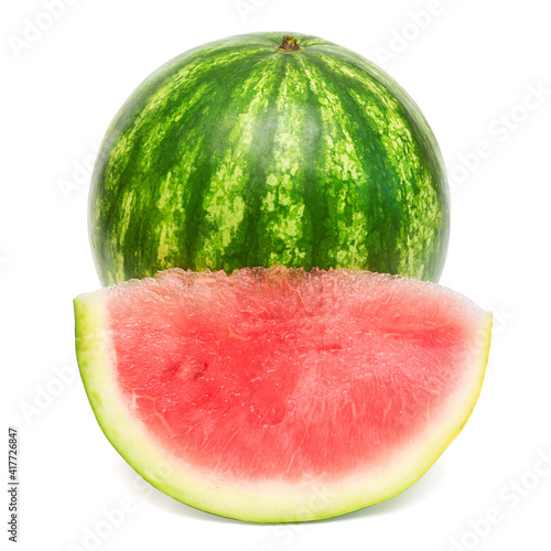 Whole watermelon and slice isolated on a white background