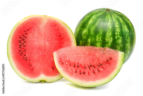 Collection of watermelon whole, half and piece isolated on a white background. Top view, flat lay