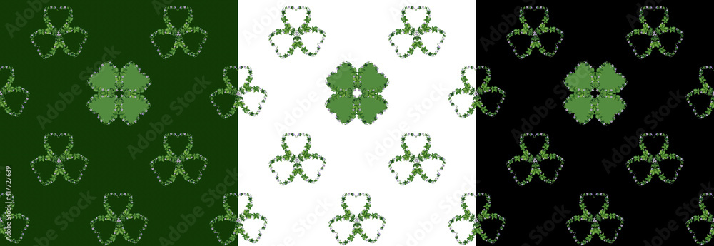 St. Patrick's Day 3 watercolor seamless patterns - clover on green, white and black backgrounds St. Patrick's Day 3 watercolor seamless patterns - clover on green, white and black backgrounds