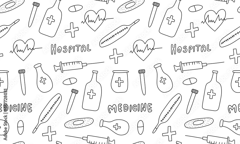 Seamless pattern with medicine items. Vector hand drawn illustration in doodle style. Medical first aid kit Seamless pattern with medicine items. Vector hand drawn illustration in doodle style. Medical first aid kit