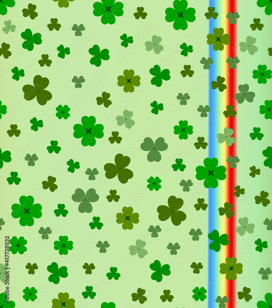 St. Patrick's Day seamless pattern - clover on white background with rainbow