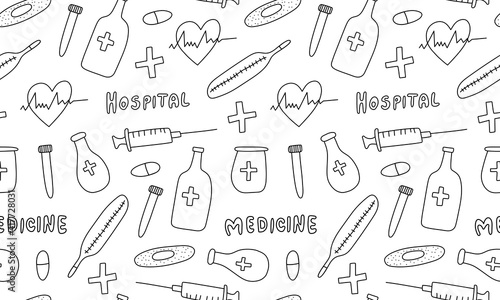 Seamless pattern with medicine items. Vector hand drawn illustration in doodle style. Medical first aid kit