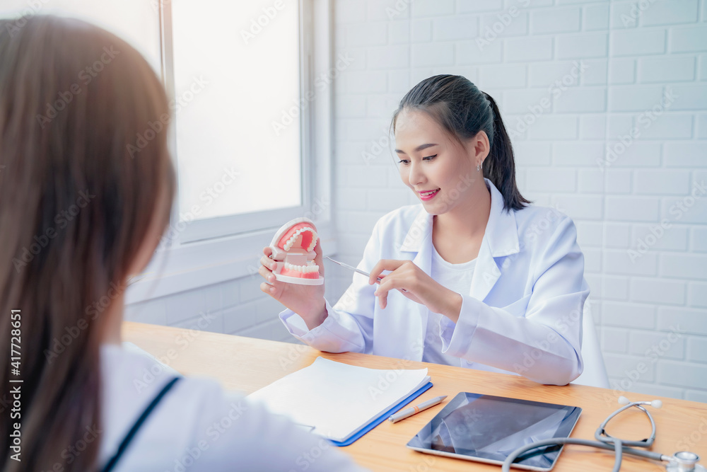 Beautiful female dentist doctor examining teeth model diagnosis Asian woman patient, dental hygiene healthcare professional expert orthodontist specialist, working hospital modern meeting room office Beautiful female dentist doctor examining teeth model diagnosis Asian woman patient, dental hygiene healthcare professional expert orthodontist specialist, working hospital modern meeting room office