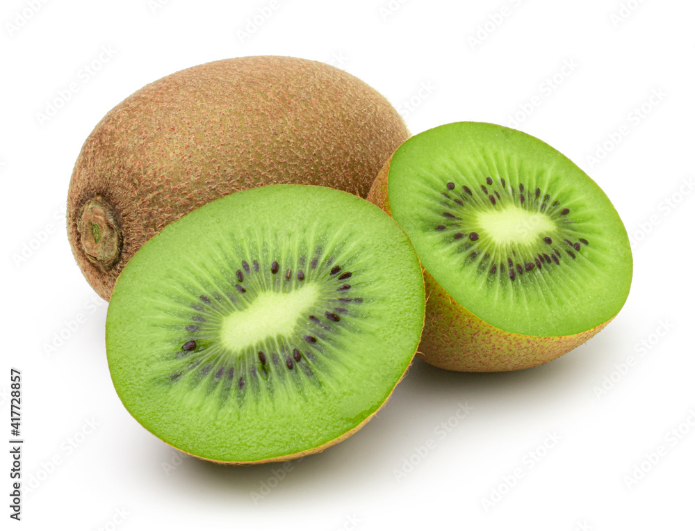 Obraz premium Kiwi and Slices isolated on white background,Juicy kiwi.