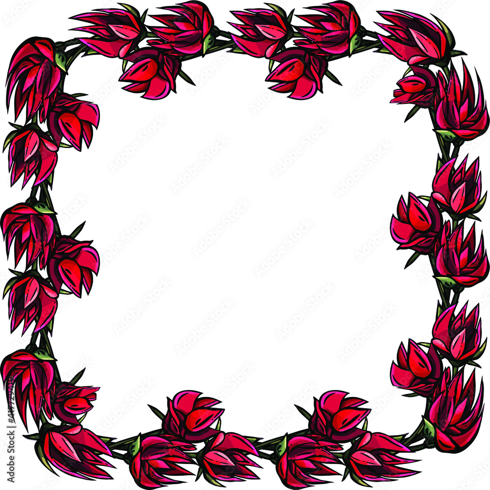 Clematis square wreath on white background, isolated, isolated,cartoon style, red flowers, wedding, poster, postcard, banner, card, congratulations, frame, wreath, greeting, party, birthday, blooming Clematis square wreath on white background, isolated, isolated,cartoon style, red flowers, wedding, poster, postcard, banner, card, congratulations, frame, wreath, greeting, party, birthday, blooming