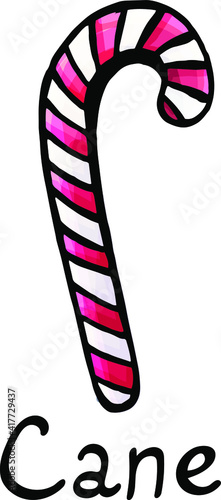 Caramel cane, white background, cartoon style, merry Christmas, new year, isolated, lollipop, object, candy, sweet, for kids, children, surprise, decor, decoration,  party, element, striped, delicious