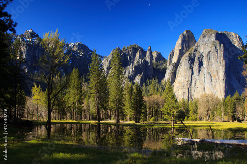 USA, California, Yosemite National Park. Spring pond and Cathedral Rocks landscape.