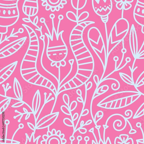 Seamless pattern with different plants and  flowers on pink background. Vector print with herbs. Botanical doodle wallpaper.