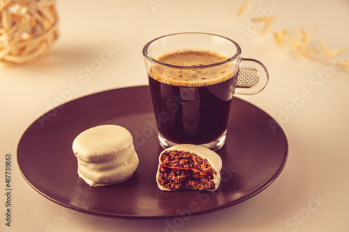 alfajores de chocolate: a traditional dessert from Latin America, Argentina and Uruguay. Vanilla cookies with dulce de leche, chocolat and coconut