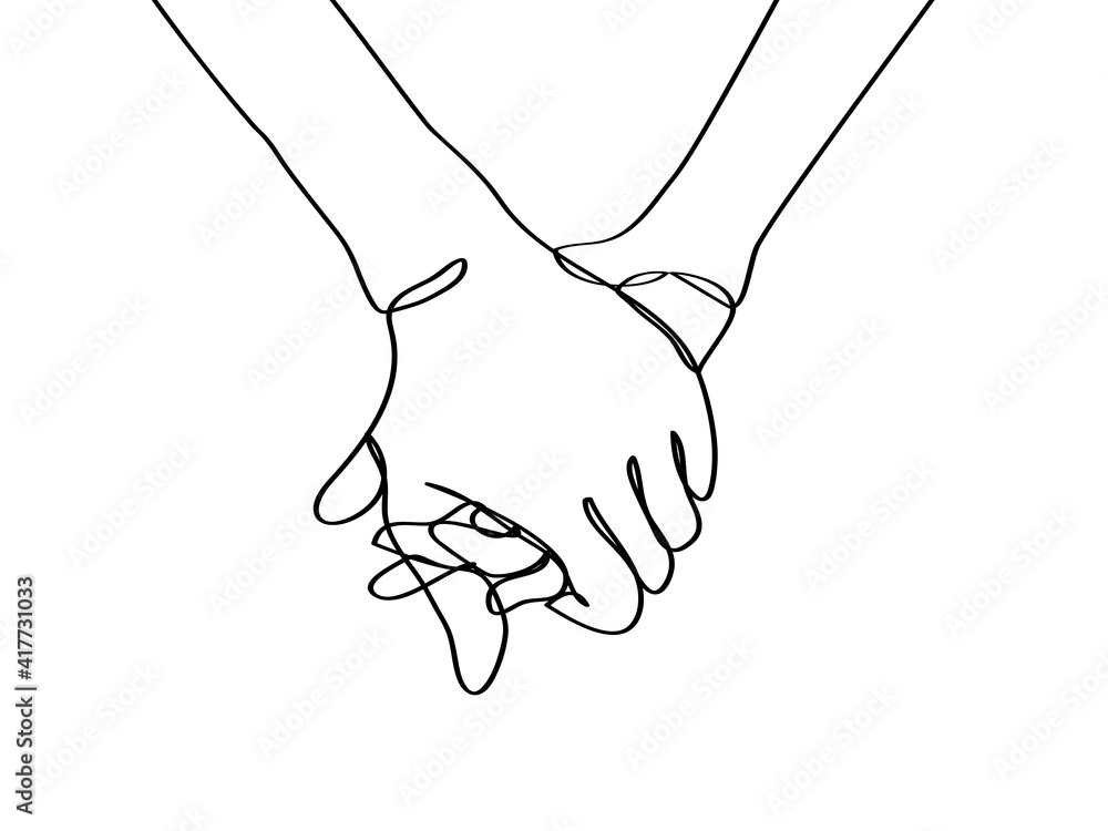 hand drawn continuous line of couple holding hands. poster art print ...