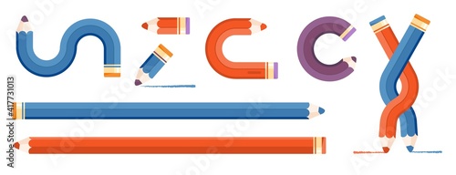 Elements for infographics. Straight, twisted and intertwined pencils. Blue and red pencil colors. Vector Illustration