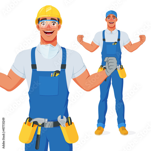 Excited handyman in hard hat and protective eyewear celebrating success with raised arms. Cartoon vector character.