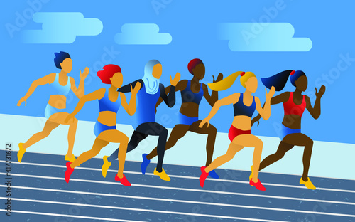 Vector illustration in flat simple style with a group of running women of different nationalities and cultures. 
