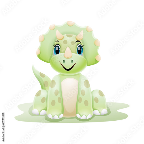 Cartoon green baby triceratops dinosaur sitting