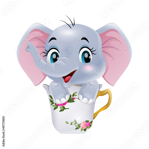 Cute baby elephant cartoon sitting in the cup