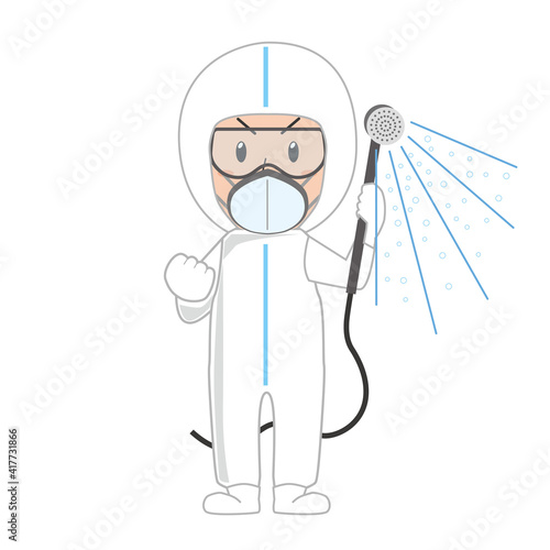 除染消毒や殺虫剤害虫駆除の防護服を着た業者