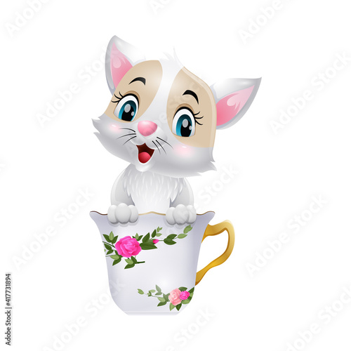 Cute little cat cartoon sitting in the cup