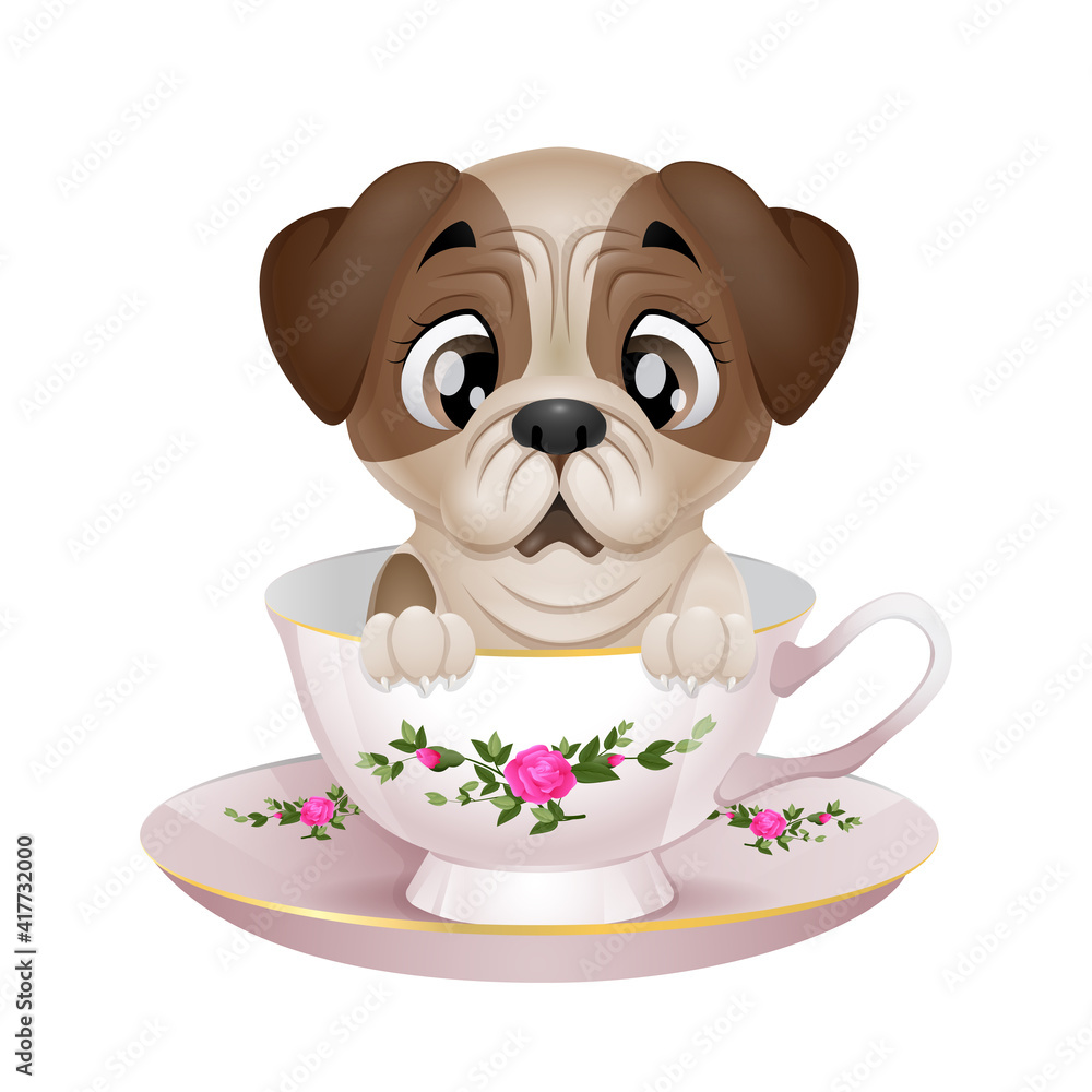 Cute puppy pug cartoon sitting in the cup