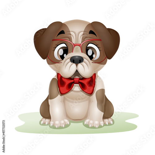 Cute puppy pug cartoon wearing red glasses and bow