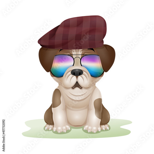 Cute puppy pug cartoon in hat and sunglasses
