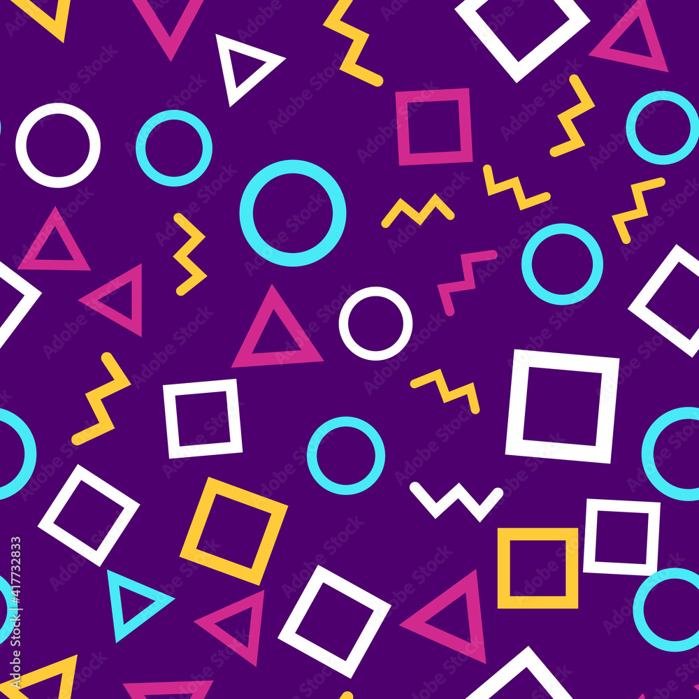Seamless pattern with colorful geometric shapes on purple background