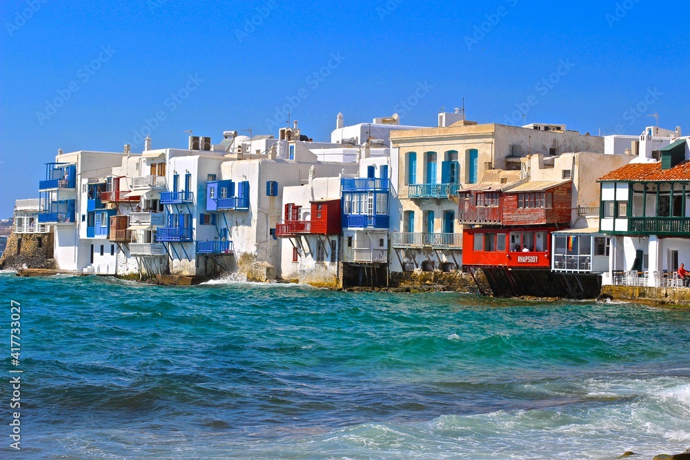 Mykonos, Greece. View of colourful Mykonos town from the sea. 