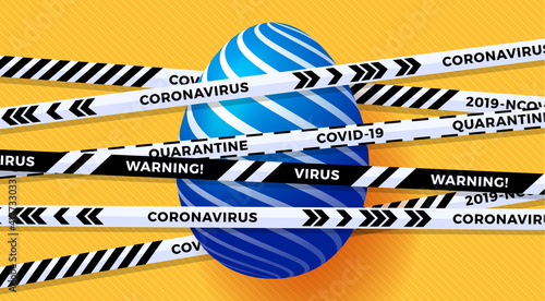 Blue Easter egg and Quarantine biohazard danger. white and black stripes. Coronavirus Covid and happy easter canceled concept. Vector illustration