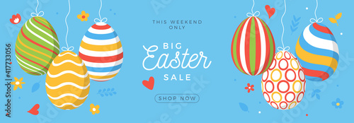 Easter egg sale horizontal banner. Easter card with flat eggs hang on a thread, colorful ornate eggs on blue modern background. Vector illustration. Place for your text