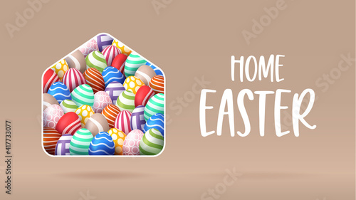 Colorful Happy Home Easter 2021 Card with Funny Vector Minimalist Icon. staying at home badge in Quarantine. COVID-19 Reaction