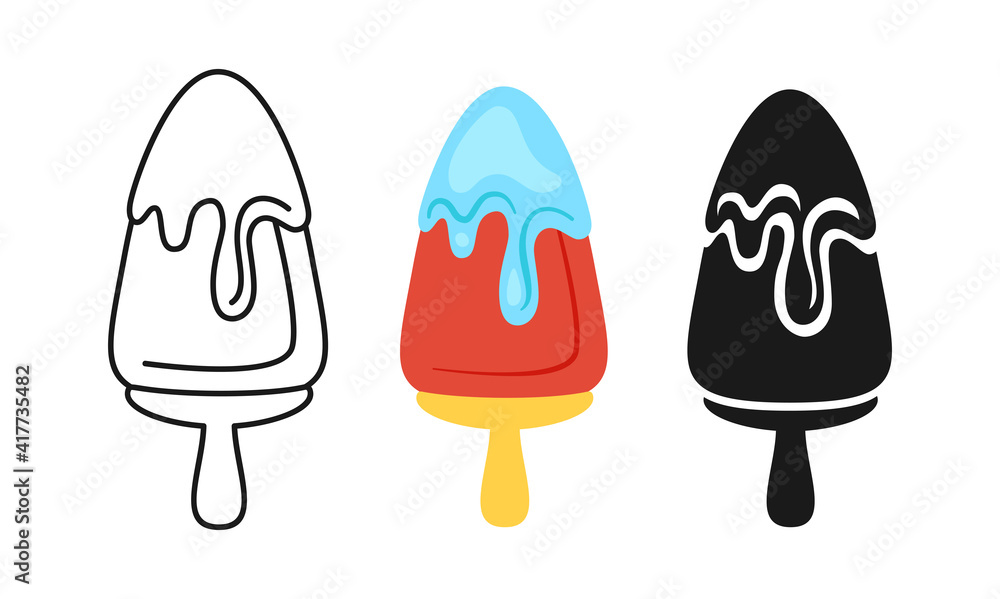 Ice Cream lolly, popsicles on stick cartoon set line icon and black glyph style. Comic dessert fruit or berry topping. Kawaii bright summer collection sweet food, splash. Isolated vector illustration Ice Cream lolly, popsicles on stick cartoon set line icon and black glyph style. Comic dessert fruit or berry topping. Kawaii bright summer collection sweet food, splash. Isolated vector illustration