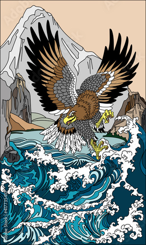 Eagle Flying Low Over Stormy Sea. A bird of prey flight in a landscape with a mountain, rocks and water. Graphic style vector illustration