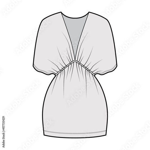 Kaftan dress technical fashion illustration with deep V-neck, batwing sleeves, oversized, mini length, pencil cut. Flat apparel template front, grey color style. Women, men unisex CAD mockup