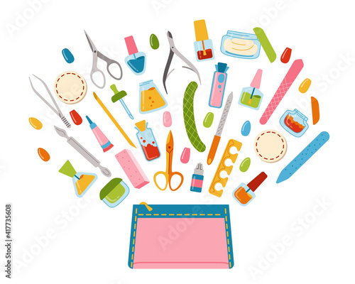 Postcard tools fly out of cosmetic bag. Manicure equipment cartoon design elements. Polishing nails, nail polish, file, tweezers, hand cream, scissors, oil, nippers and brush. Spa concept vector