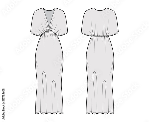 Kaftan dress technical fashion illustration with deep V-neck, batwing sleeves, oversized, midi floor length, pencil cut. Flat apparel template front, back grey color style. Women men unisex CAD mockup