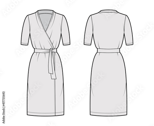 Wrap dress technical fashion illustration with deep V-neck, short sleeves, oversized, knee length, pencil cut, tie. Flat apparel template front, back, grey color style. Women, men unisex CAD mockup