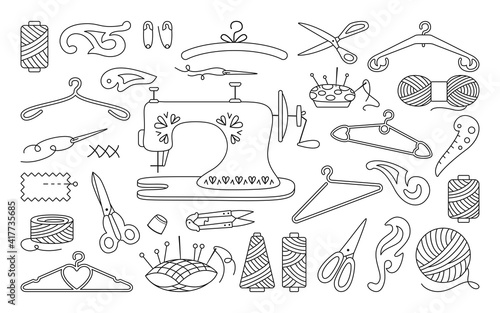 Sewing tools black line set, thread and scissors, yarn, needle bar, pin needle. Sewing accessories for hobby. Dressmaking needlework stitch fancywork, machine embroidery. Vector illustration