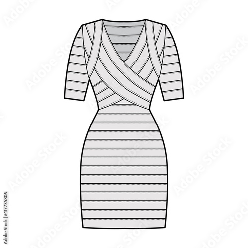 Bandage dress technical fashion illustration with V-neck, short sleeves, fitted body, elasticated, knee length, pencil cut. Flat apparel template front, grey color style. Women, men unisex CAD mockup