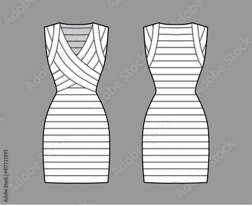 Bandage dress technical fashion illustration with V-neck, sleeveless, fitted body, elasticated, knee length, pencil cut. Flat apparel template front, back, white color style. Women unisex CAD mockup