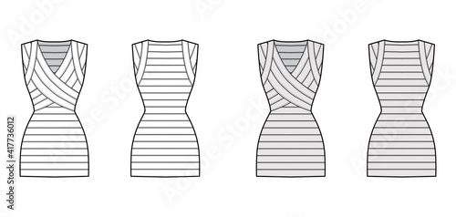 Bandage dress technical fashion illustration with V-neck, sleeveless, fitted body, elasticated, mini length, pencil cut. Flat apparel template front, back white, grey color style. Women men CAD mockup