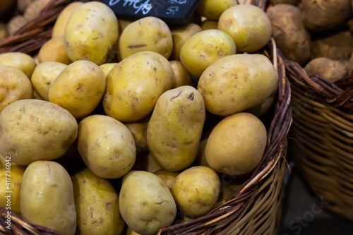 Closeup view on potatoes on the market. High quality photo