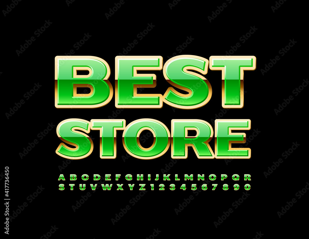 Vector business logo Best Store. Chic Green and Gold Font. Luxury Alphabet Letters and Numbers set