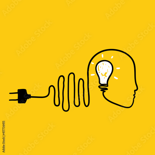 hand drawn doodle head an bulb inside with electric wire illustration in continuous line drawing