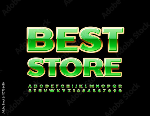 Vector business logo Best Store. Chic Green and Gold Font. Luxury Alphabet Letters and Numbers set