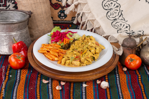 Ready-to-serve meals cooked on a white plate photo