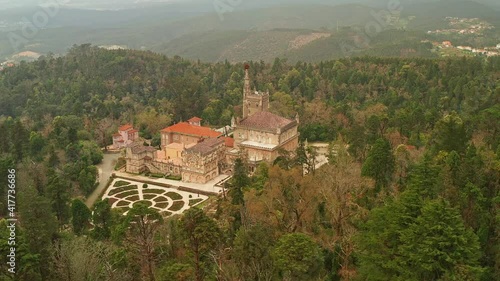 Aerial view of luxury palace hotel surrounded by beautiful garden, Mealhada, Serra do Bussaco, Portugal photo