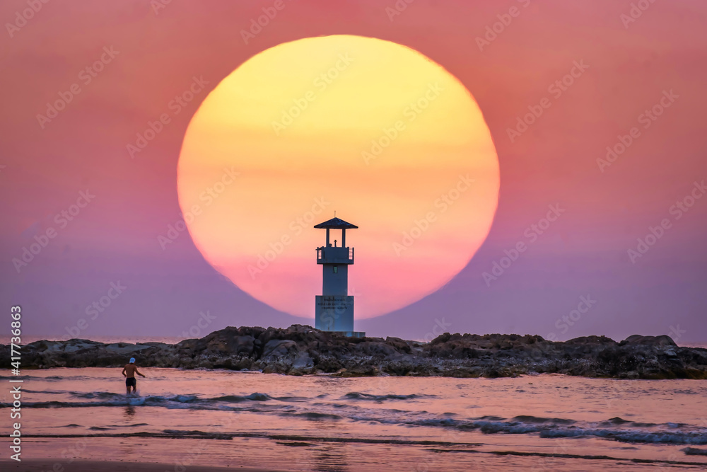 Seascape of Khao Lak with Lighthouse on beach in sunset at Phang Nga, Thailand