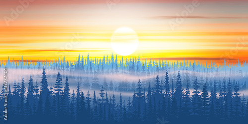 Picturesque morning view. Dawn, mountain taiga in the fog.