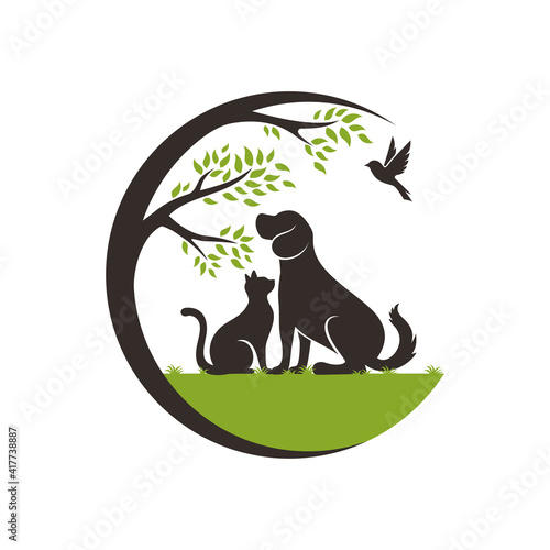 Vector Pet Shop logo design template. Modern animal icon label for store, veterinary clinic, hospital, shelter, business services. Flat illustration background with dog and cat.